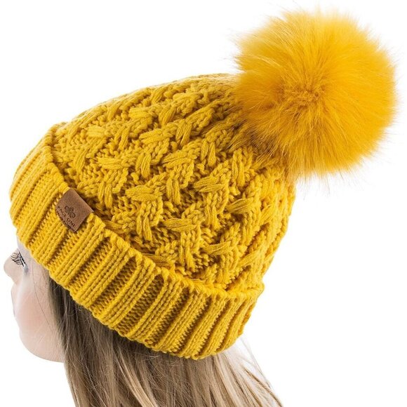 Women’s Yellow Winter Ribbed Beanie Hat Chunky Cable Knit Pompom Warm main image 5
